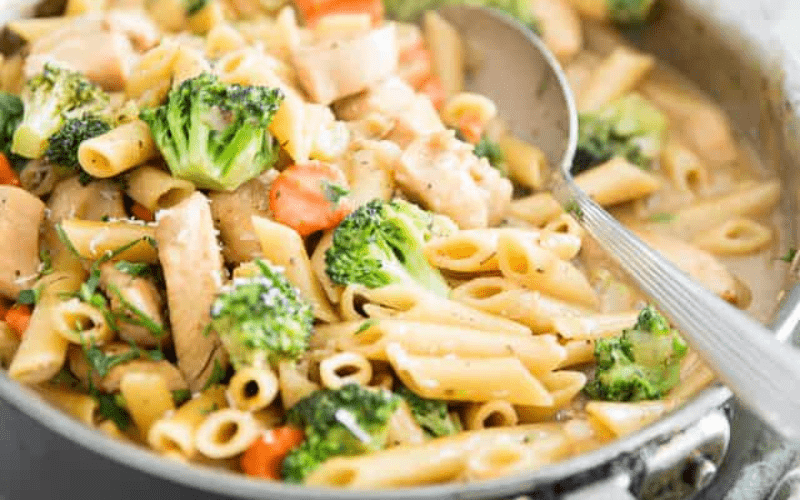 Budget friendly meal: one-pot chicken and vegetable pasta.