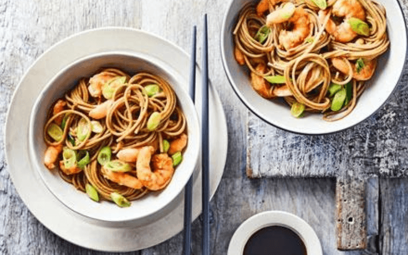 Budget-friendly meal: soba noodles & wasabi garlic prawns