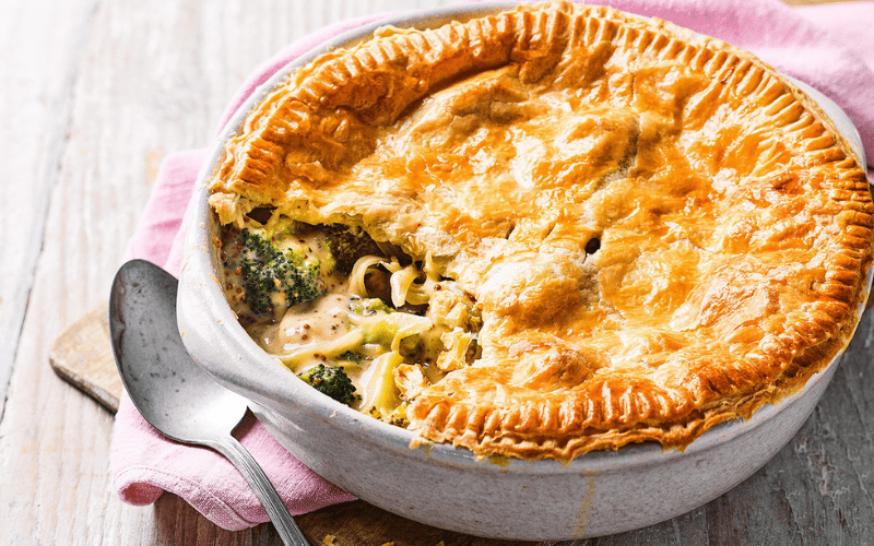 Budget-friendly meal: chicken and broccoli pot pie. 