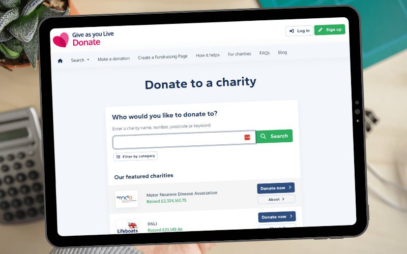 Give as you Live Donate's website loaded on a tablet showing the beginning of the process of donating to a charity online.