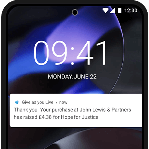 The donation confirmation notification in the Give as you Live App