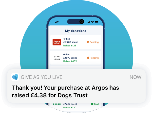 The donation confirmation notification in the Give as you Live App